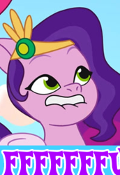 Size: 200x290 | Tagged: safe, edit, edited screencap, imported from derpibooru, screencap, pipp petals, pegasus, pony, spoiler:g5, spoiler:my little pony: tell your tale, spoiler:tyts01e06, caption, expand dong, exploitable meme, female, fffuuuuu, fuck, g5, image macro, lip bite, mare, meme, my little pony: tell your tale, text, the unboxing of izzy, vulgar, wow! glimmer