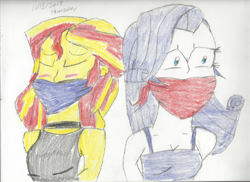 Size: 2872x2088 | Tagged: safe, artist:bluesplendont, imported from derpibooru, rarity, sunset shimmer, human, equestria girls, bikini, bikini bottom, bikini top, blushing, cloth gag, clothes, eyes closed, gag, help us, struggling, swimsuit, tied up, traditional art, worried