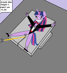 Size: 1198x1302 | Tagged: safe, artist:walnutwilly, imported from derpibooru, twilight sparkle, anthro, unicorn, bondage, bound and gagged, breasts, cloth gag, clothes, costume, danger, dialogue, female, gag, goldfinger, hoodie, horn, imminent death, james bond, laser, offscreen character, peril, reference, scene interpretation, solo, speech bubble, this is going to hurt, this will end in death, this will end in tears, this will end in tears and/or death