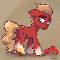 Size: 2048x2048 | Tagged: safe, artist:pfeffaroo, imported from derpibooru, applejack, sprout cloverleaf, earth pony, pony, apple, butt, character to character, female to male, food, g4, g4 to g5, g5, generation leap, plot, solo, the new applejack, transformation, transgender transformation