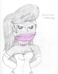 Size: 1574x2022 | Tagged: safe, artist:bluesplendont, imported from derpibooru, octavia melody, human, equestria girls, bored, cloth gag, gag, lidded eyes, looking at you, solo, tied up, traditional art