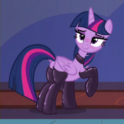 Size: 251x251 | Tagged: safe, artist:anonymous, edit, edited screencap, imported from derpibooru, screencap, twilight sparkle, alicorn, pony, bedroom eyes, blushing, clothes, episode needed, female, latex, latex socks, looking back, mare, raised hoof, smiling, socks, solo, stockings, thigh highs, twilight sparkle (alicorn)