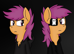 Size: 1024x745 | Tagged: safe, artist:atomponies, imported from derpibooru, scootaloo, pegasus, pony, fanfic:rainbow factory, 2013, absentia, alternate hairstyle, black background, black hoodie, clothes, duality, eyepatch, factory scootaloo, fanfic art, female, frown, hoodie, looking at each other, looking at someone, mare, messy mane, simple background