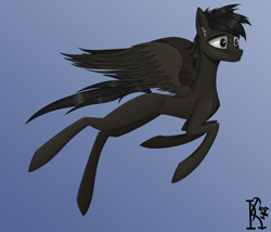 Size: 2800x2400 | Tagged: safe, artist:kirov, imported from derpibooru, oc, oc only, pegasus, pony, brown coat, ear fluff, eyebrows, feathered wings, flying, gradient background, gray eyes, grey hair, male, solo, spread wings, stallion, wings