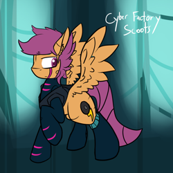 Size: 750x750 | Tagged: safe, artist:conmanwolf, imported from derpibooru, scootaloo, pegasus, pony, fanfic:rainbow factory, absentia, absentia's cutie mark, cyberpunk, ear fluff, factory scootaloo, fanfic art, female, frown, looking back, messy mane, raised hoof, solo, spread wings, wings