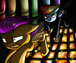 Size: 1024x854 | Tagged: safe, artist:silverlunarscape, imported from derpibooru, rainbow dash, scootaloo, pegasus, pony, fanfic:rainbow factory, 2015, black suit, chase, deviantart watermark, dyed tail, evil grin, fanfic art, female, filly, foal, folded wings, grin, gritted teeth, liquid rainbow, looking at someone, looking forward, mare, obtrusive watermark, pegasus device, rainbow factory dash, running, shrunken pupils, smiling, spectra, tail, teeth, this will end in death, this will end in tears, this will end in tears and/or death, watermark, wings