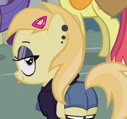 Size: 372x348 | Tagged: safe, artist:anonymous, edit, edited screencap, imported from derpibooru, screencap, big macintosh, carrot top, golden harvest, noi, rarity, earth pony, pony, background pony, bedroom eyes, butt, clothes, cropped, crowd, ear piercing, eyeshadow, female, filly, foal, hairclip, hoodie, looking at you, looking back, looking back at you, makeup, male, mare, piercing, plot, shirt, shorts, socks, stallion, thigh highs, tongue out, wide eyes