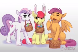 Size: 1800x1200 | Tagged: safe, artist:silentwulv, imported from derpibooru, apple bloom, scootaloo, sweetie belle, earth pony, pegasus, pony, unicorn, adorabloom, basket, bunny ears, candy, cute, cutealoo, cutie mark crusaders, diasweetes, easter egg, eating, female, filly, foal, food, mouth hold