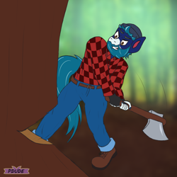 Size: 3000x3000 | Tagged: safe, artist:pdude, imported from derpibooru, oc, oc:azulito, anthro, plantigrade anthro, axe, beanie, beard, boots, clothes, facial hair, grin, hat, jeans, lumberjack, male, pants, shoes, sketch, smiling, weapon