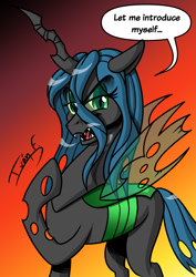 Size: 2481x3508 | Tagged: safe, artist:memprices, imported from derpibooru, queen chrysalis, changeling, changeling queen, canterlot wedding 10th anniversary, comic style, eye clipping through hair, eyebrows, eyebrows visible through hair, female, gradient background, high res, hoof on chest, looking at you, open mouth, open smile, shading, signature, smiling, smiling at you, solo, speech bubble, talking to viewer, text