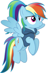 Size: 3025x4587 | Tagged: safe, artist:anime-equestria, imported from derpibooru, rainbow dash, pegasus, pony, alternate hairstyle, clothes, female, hoodie, mare, ponytail, show accurate, simple background, smiling, solo, transparent background, vector, wings