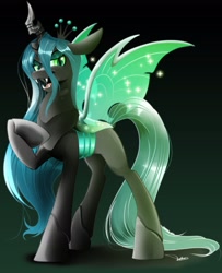Size: 2338x2877 | Tagged: safe, artist:dormin-dim, imported from derpibooru, queen chrysalis, changeling, changeling queen, canterlot wedding 10th anniversary, crown, female, hair, jewelry, long tail, open mouth, regalia, solo, spread wings, tail, wings