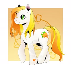 Size: 2388x2312 | Tagged: safe, artist:nynehells, imported from derpibooru, citrus sweetheart, earth pony, pony, abstract background, green eyes, solo, watermark