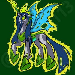 Size: 2048x2048 | Tagged: safe, artist:sasori_113, imported from derpibooru, queen chrysalis, changeling, pony, angry, canterlot wedding 10th anniversary, crown, flying, glowing, horn, jewelry, regalia, solo, spread wings, wings