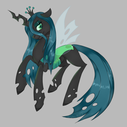 Size: 1000x1000 | Tagged: safe, artist:sphexvirart, imported from derpibooru, queen chrysalis, changeling, changeling queen, canterlot wedding 10th anniversary, crown, female, gray background, jewelry, looking at you, regalia, simple background, smiling, transparent wings, wings