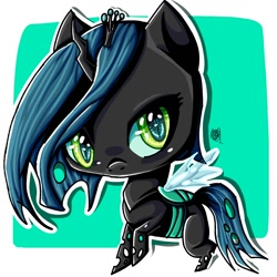 Size: 1378x1378 | Tagged: safe, artist:azoart9, imported from derpibooru, queen chrysalis, changeling, pony, abstract background, big head, canterlot wedding 10th anniversary, looking at you, solo