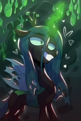 Size: 1080x1620 | Tagged: safe, artist:dinxart, imported from derpibooru, queen chrysalis, changeling, canterlot wedding 10th anniversary, glowing, glowing horn, heart, horn, smiling, solo