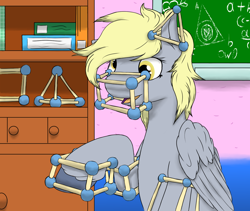 Size: 1280x1080 | Tagged: safe, artist:terminalhash, imported from derpibooru, derpy hooves, pegasus, pony, book, bookshelf, chalkboard, classroom, digital art, female, figure, geometry, item, math, open mouth, open smile, polyhedron, smiling, solo