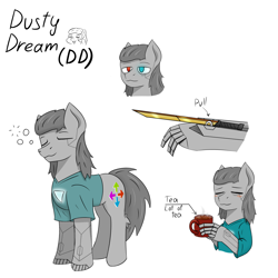 Size: 2953x2953 | Tagged: safe, artist:thatsbadboi, imported from derpibooru, oc, oc:dusty dream, earth pony, concept art, cyberpunk, food, prosthetics, simple background, sleepy, sword, tea, weapon, white background