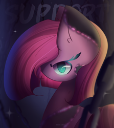 Size: 2050x2300 | Tagged: safe, artist:miryelis, imported from derpibooru, pinkie pie, earth pony, pony, chains, cute, cuteamena, female, green eyes, looking at you, pinkamena diane pie, serious, short hair, solo, text, transformation