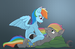 Size: 4606x3043 | Tagged: safe, artist:chiiscarlet, imported from derpibooru, rainbow dash, oc, oc:dark rainbow, pegasus, pony, blushing, canon x oc, commission, cuddling, cute, darsh, duo, eye contact, female, female on male, looking at each other, looking at someone, lying down, male, mare, pegasus oc, shipping, simple background, stallion, straight, tongue out, ych result