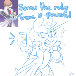 Size: 1500x1500 | Tagged: safe, artist:lou, imported from derpibooru, trixie, pikachu, pony, unicorn, bipedal, card game, clothes, coat, dexterous hooves, female, mare, playing card, pokémon, seto kaiba, simple background, sketch, sparkles, white background, yu-gi-oh!