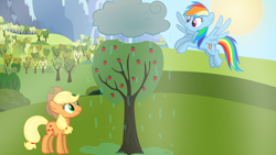 Size: 1280x720 | Tagged: safe, artist:mlplary6, imported from derpibooru, applejack, rainbow dash, earth pony, pegasus, pony, apple, apple tree, cloud, earth day, female, friends, mare, rain, smiling, sun, tree