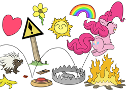 Size: 3632x2640 | Tagged: safe, artist:doodledonutart, imported from derpibooru, pinkie pie, earth pony, pony, porcupine, banana peel, bear trap, bonfire, bouncing, comic, female, fire, landmine, lego, mare, pronking, simple background, solo, weapon, white background