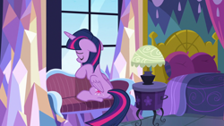 Size: 1280x720 | Tagged: safe, imported from derpibooru, screencap, twilight sparkle, alicorn, pony, fame and misfortune, season 7, bed, couch, female, floppy ears, lonely, mare, sad, solo, twilight sparkle (alicorn), twilight's castle