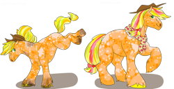 Size: 1280x659 | Tagged: safe, artist:itsvoids, imported from derpibooru, applejack, earth pony, pony, alternate design, bucking, clothes, female, granny smith's shawl, mare, older, older applejack, scarf, simple background, solo, transparent background, unshorn fetlocks