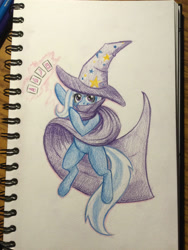 Size: 2448x3264 | Tagged: safe, artist:shubbgurrath, imported from derpibooru, trixie, pony, unicorn, cape, card, clothes, female, happy, hat, jumping, mare, solo, traditional art, trixie's cape, trixie's hat