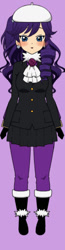 Size: 332x1277 | Tagged: safe, artist:roseprincessmitia, edit, imported from derpibooru, rarity, human, boots, clothes, dress, ear piercing, earring, flower, gloves, hat, high heel boots, humanized, jacket, jewelry, kisekae, necktie, pants, piercing, purple background, rose, shirt, shoes, simple background, skirt, solo