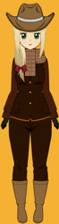 Size: 335x1263 | Tagged: safe, imported from derpibooru, applejack, human, belt, boots, bow, bowtie, clothes, cowboy boots, cowboy hat, gloves, hat, humanized, jacket, jeans, kisekae, pants, scare, shirt, shoes, simple background, solo, yellow background