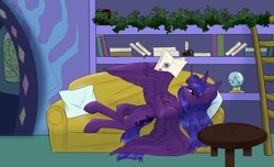 Size: 2976x1810 | Tagged: safe, artist:place__foxxx, imported from derpibooru, oc, oc only, oc:twilight bloom, alicorn, pony, alicorn oc, book, bookshelf, candle, chest fluff, couch, ear fluff, eyebrows, eyebrows visible through hair, female, high res, horn, ladder, lying down, mare, on back, pillow, shelf, smiling, solo, spread wings, table, wings