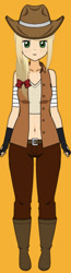 Size: 332x1272 | Tagged: safe, imported from derpibooru, applejack, human, bandage, belt, boots, bow, bowtie, clothes, cowboy boots, cowboy hat, gloves, hat, humanized, jeans, kisekae, pants, shirt, shoes, simple background, solo, vest, yellow background