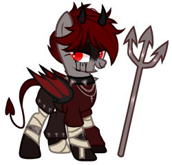 Size: 971x928 | Tagged: safe, artist:idkhesoff, derpibooru exclusive, imported from derpibooru, oc, oc only, oc:lucy fair, bat pony, demon, demon pony, pony, bandage, bat pony oc, blood, choker, clothes, cross, crying, devil, devil horns, devil tail, female, grin, horns, jewelry, lip piercing, mare, markings, necklace, nose piercing, nose ring, pants, piercing, pitchfork, shirt, simple background, smiling, snake bites, solo, spiked choker, tail, tears of blood, transparent background