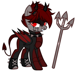 Size: 971x928 | Tagged: safe, artist:idkhesoff, derpibooru exclusive, imported from derpibooru, oc, oc only, oc:lucy fair, bat pony, demon, demon pony, pony, armor, bat pony oc, blood, boots, choker, crying, devil, devil horns, devil tail, female, grin, horns, lip piercing, mare, markings, nose piercing, nose ring, piercing, pitchfork, shoes, simple background, smiling, snake bites, solo, spiked choker, tail, tears of blood, transparent background