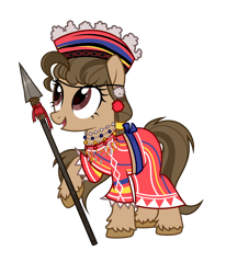 Size: 2286x2772 | Tagged: safe, artist:idkhesoff, imported from derpibooru, oc, oc only, oc:ligaya, earth pony, pony, clothes, ear piercing, earring, earth pony oc, female, filipino, full body, hat, high res, hoof hold, jewelry, mare, necklace, open mouth, open smile, piercing, shirt, show accurate, simple background, skirt, smiling, solo, spear, standing, transparent background, unshorn fetlocks, weapon