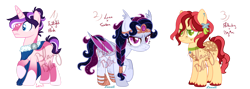 Size: 1600x572 | Tagged: safe, artist:blauyblu, artist:mint-light, imported from derpibooru, oc, oc only, bat pony, earth pony, pony, unicorn, base used, cloak, clothes, collar, colored pupils, ear piercing, earring, ethereal mane, female, freckles, jewelry, male, mare, offspring, parent:big macintosh, parent:flash sentry, parent:fluttershy, parent:king sombra, parent:princess luna, parent:twilight sparkle, parents:flashlight, parents:fluttermac, parents:lumbra, piercing, simple background, stallion, starry mane, tiara, transparent background, trio, watermark