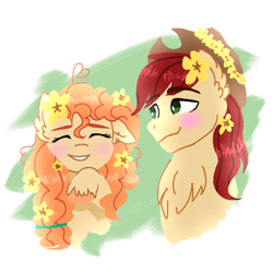 Size: 1024x1024 | Tagged: safe, artist:shimmerharmony4215, imported from derpibooru, bright mac, pear butter, earth pony, pony, abstract background, brightbutter, bust, chest fluff, ear fluff, eyes closed, female, flower, flower in hair, male, mare, shipping, smiling, stallion, straight, transparent background, unshorn fetlocks