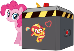 Size: 1024x714 | Tagged: safe, artist:emeraldblast63, imported from derpibooru, pinkie pie, sunset shimmer, earth pony, pony, unicorn, spoiler:g5, spoiler:my little pony: tell your tale, spoiler:tyts01e06, female, g4, g5, g5 to g4, generation leap, mare, my little pony: tell your tale, simple background, the izzy box, the unboxing of izzy, transparent background, trap (device), unicorn entrapment device