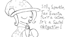 Size: 1920x1080 | Tagged: safe, artist:spritepony, imported from derpibooru, trixie, pony, unicorn, blatant lies, brooch, cape, clothes, female, hat, implied twilight sparkle, jewelry, lineart, mare, raised hoof, sketch, solo, talking, tax evasion, trixie's brooch, trixie's cape, trixie's hat