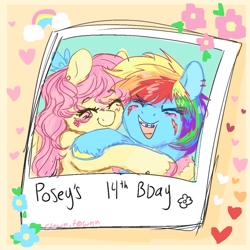 Size: 1000x1000 | Tagged: safe, artist:ask-nebuloid, imported from derpibooru, fluttershy, rainbow dash, pegasus, pony, birthday, braces, cute, dashabetes, eyes closed, female, flutterdash, hug, lesbian, photo, polaroid, shipping, shyabetes, younger