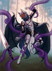 Size: 2200x3000 | Tagged: safe, artist:inarimayer, imported from derpibooru, oc, oc only, oc:nocturne star, anthro, bat pony, plantigrade anthro, armor, bondage, male, solo, sword, tentacle bondage, tentacles, tentacles on male, weapon