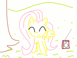 Size: 1200x900 | Tagged: safe, artist:purblehoers, imported from derpibooru, fluttershy, pegasus, pony, animated, dancing, eyes closed, female, gif, grass, hill, mare, ms paint, outdoors, party soft, radio, raised hoof, smiling, solo, tippy taps, tree, two-frame gif