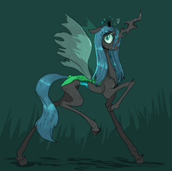 Size: 3508x3480 | Tagged: safe, artist:paskanaakka, derpibooru exclusive, imported from derpibooru, queen chrysalis, changeling, changeling queen, abstract background, canterlot wedding 10th anniversary, female, grin, raised hoof, skinny, smiling, solo