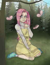 Size: 1582x2048 | Tagged: safe, artist:underrateddoormatt, imported from derpibooru, fluttershy, butterfly, human, clothes, dress, female, forest, humanized, kneeling, long sleeves, shoes, solo