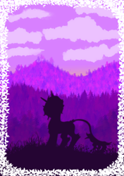 Size: 1748x2480 | Tagged: safe, artist:hrabiadeblacksky, imported from derpibooru, oc, oc only, oc:hrabia de black sky, hybrid, pony, cloud, forest background, male, purple background, simple background, solo, stallion, tree