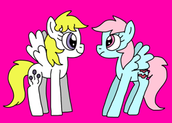Size: 974x698 | Tagged: safe, artist:goldilocksofflowers, surprise, wind whistler, pegasus, pony, adoraprise, amused, best friends, crush, cute, duo, female, friends, frown, g1, g1 to g4, g4, generation leap, lesbian, magenta background, mare, shipping, simple background, smiling, surprise is amused, unamused, varying degrees of want, whistlerbetes, whistlerprise, wind whistler is not amused