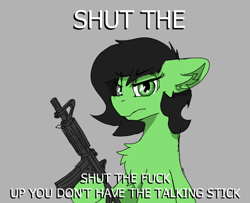 Size: 684x556 | Tagged: safe, artist:reddthebat, imported from twibooru, oc, oc only, oc:filly anon, pony, angry, female, filly, gun, hoof hold, image, png, simple background, solo, text, weapon